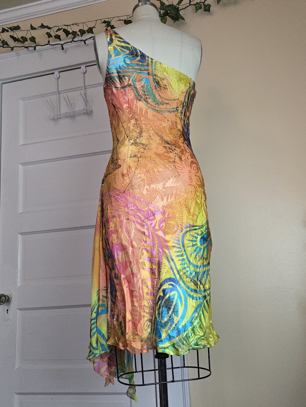 Diane Freis Silk Blend Y2K orange multicolor asymmetrical beaded midi dress - Picture 14 of 16